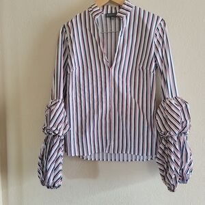 Anthropologie Greysn Stripe Puff Sleeve Fitted Top,‎ Red/White/Blue, Size Large